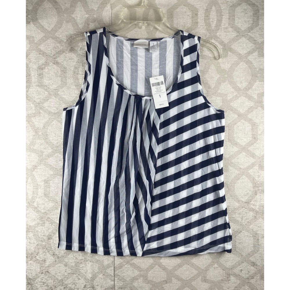 Chico's Double Stripe Mesh Tank Women Size 1 M Midnight White NWT Sleeveless Top